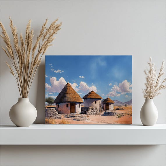 African Village Canvas Wall Art Sunlit Savanna Huts With Thatch Roofs Watercolor Landscape Blue Sky Acacia Trees Travel Gift