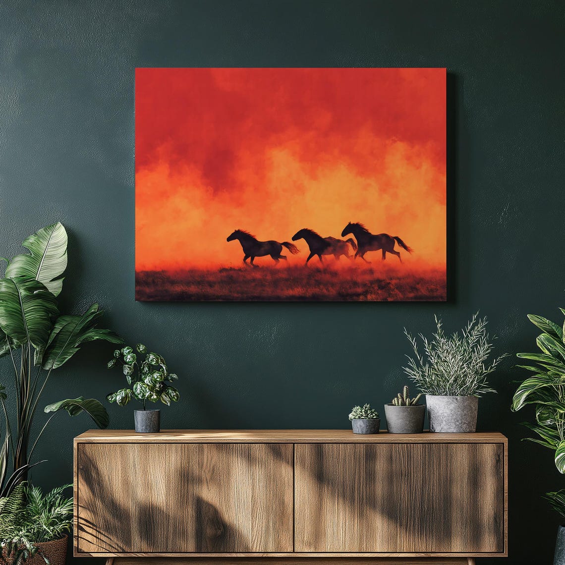 Three Wild Horses Silhouettes Against Fiery Red Sunset Sky Poster