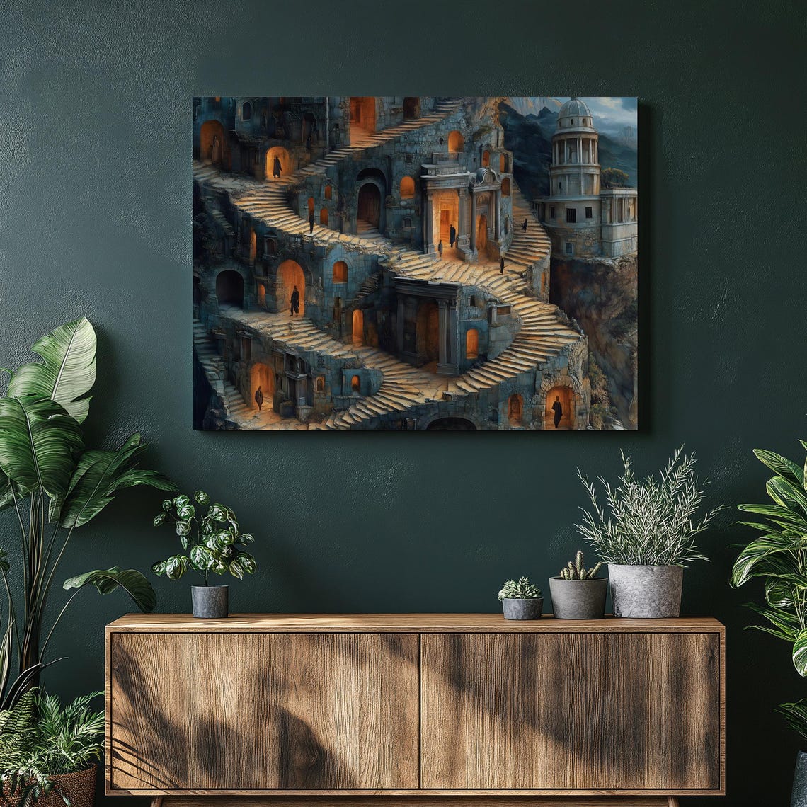 Labyrinth Staircase Ancient Stone City Glowing Windows Fantasy Print