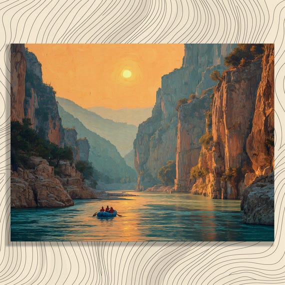 Sunset River Canyon Canvas Wall Art Colorful White Water Rafting Landscape Print Orange Cliffs Turquoise Nature Decor Scenery