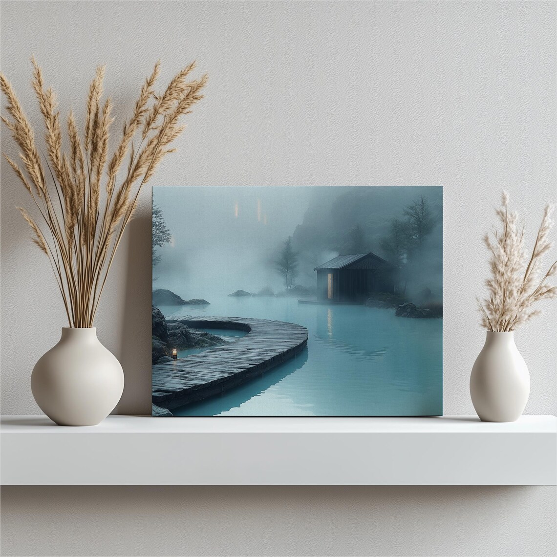 Misty Lake Cabin Wooden Boardwalk Foggy Serene Nature Poster