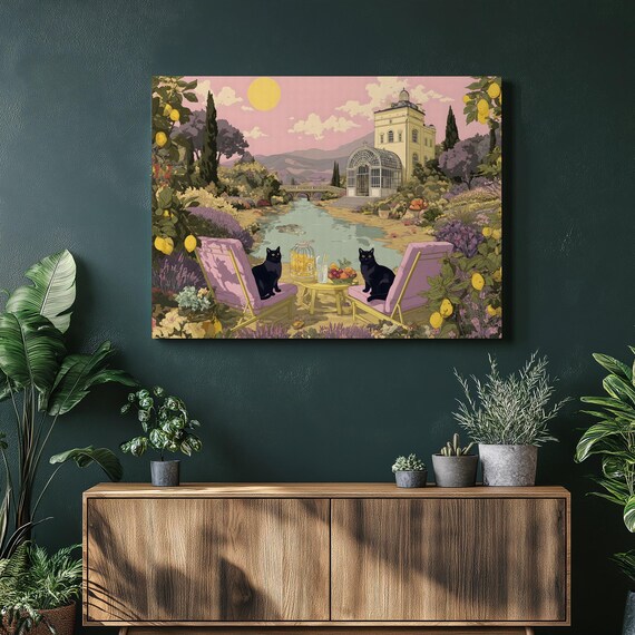 Black Cats Lemon Garden Villa Illustration Whimsical Art Print