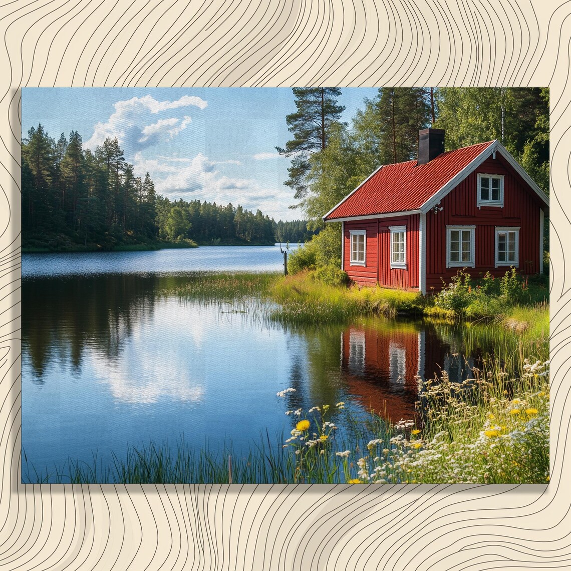 Red Wooden Cottage By Lake Sweden Summer Nature Lakeside Scene Poster
