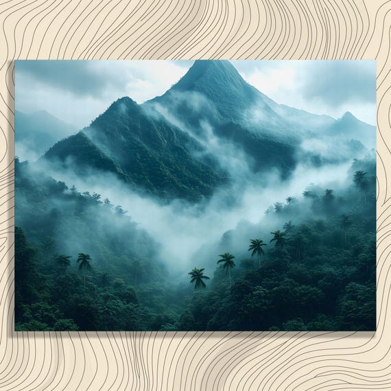 Misty Mountain Tropical Canvas Wall Art Forest Landscape Painting Print Decor Gift For Nature Lovers Rainforest