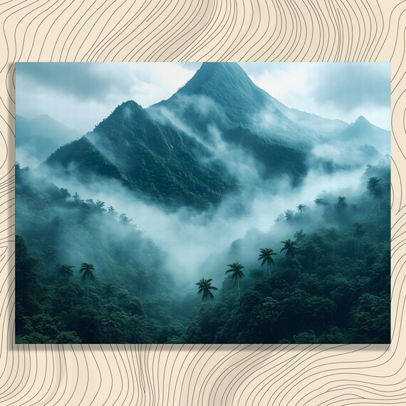 Misty Tropical Mountain Peaks Palm Forest Moody Jungle Wall Art