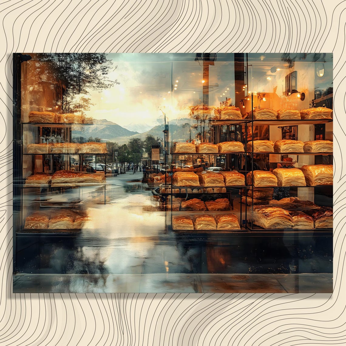 Reflective Bakery Shop Window Golden Bread Street Cityscape Art Poster