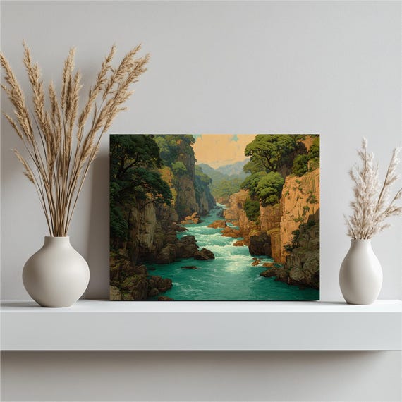 Vibrant River Canyon Canvas Wall Art Turquoise Water Rapids Rocky Cliffs Scenic Landscape Print Teal Green Nature Decor Colorful Painting