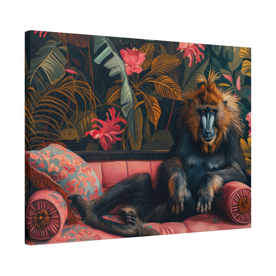 Mandrill Lounging on Pink Velvet Sofa Tropical Maximalist Art Poster