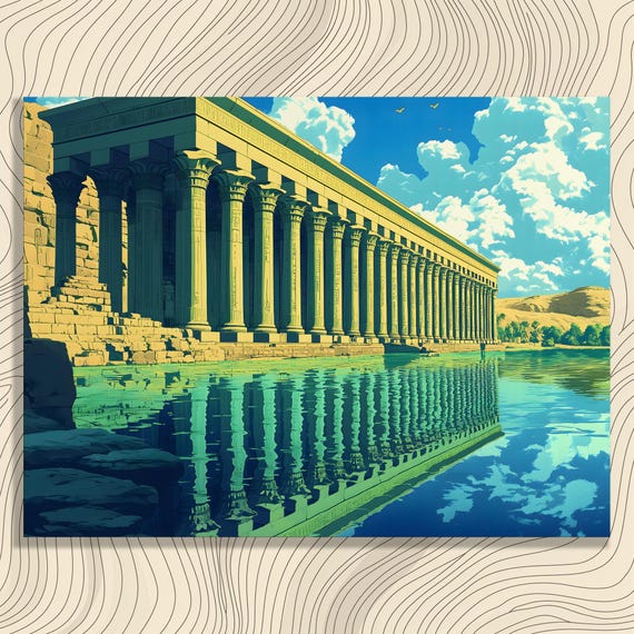 Ancient Temple Canvas Wall Art Serene River Reflection Landscape Print With Green Hills And Blue Sky For History Buffs