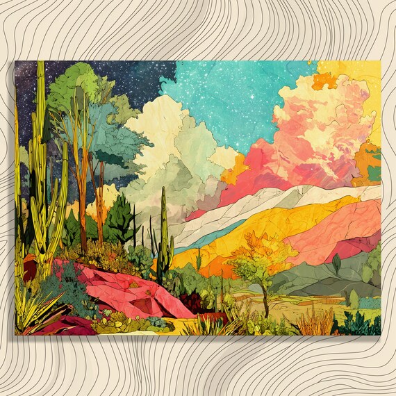 Vibrant Cactus Desert Canvas Wall Art Bohemian Starry Sky Landscape Print Colorful Eclectic Modern Decor Large