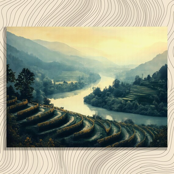 Wachau Valley Vineyard Terraces River Serene Landscape Art Poster