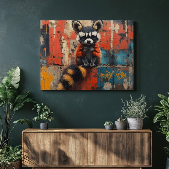 Playful Ringtail Raccoon Canvas Wall Art Colorful Urban Graffiti Decor For Modern Homes
