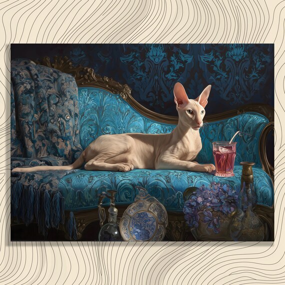 Regal Sphynx Cat Blue Victorian Chaise Lounge Portrait Print