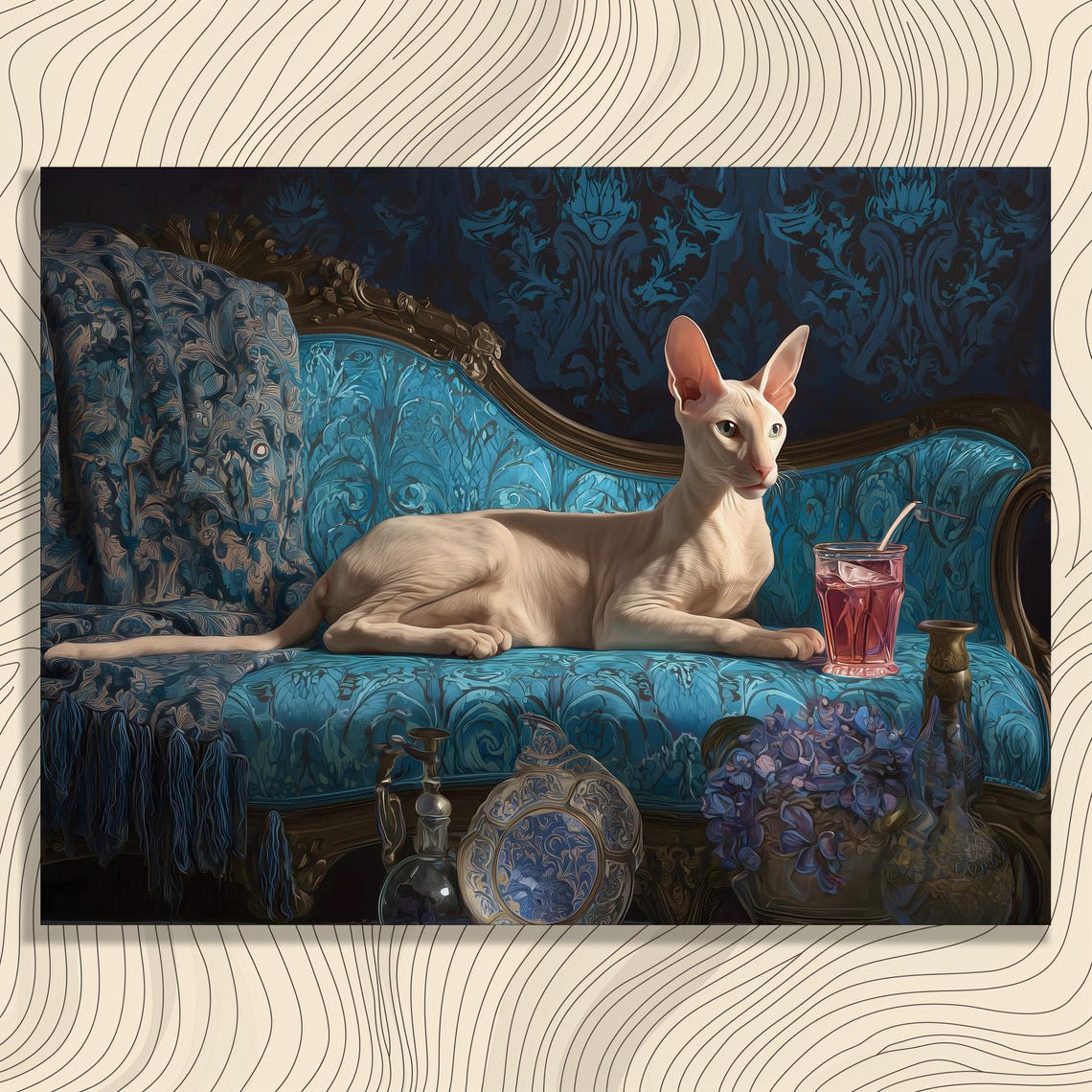 Regal Sphynx Cat Blue Victorian Chaise Lounge Portrait Print