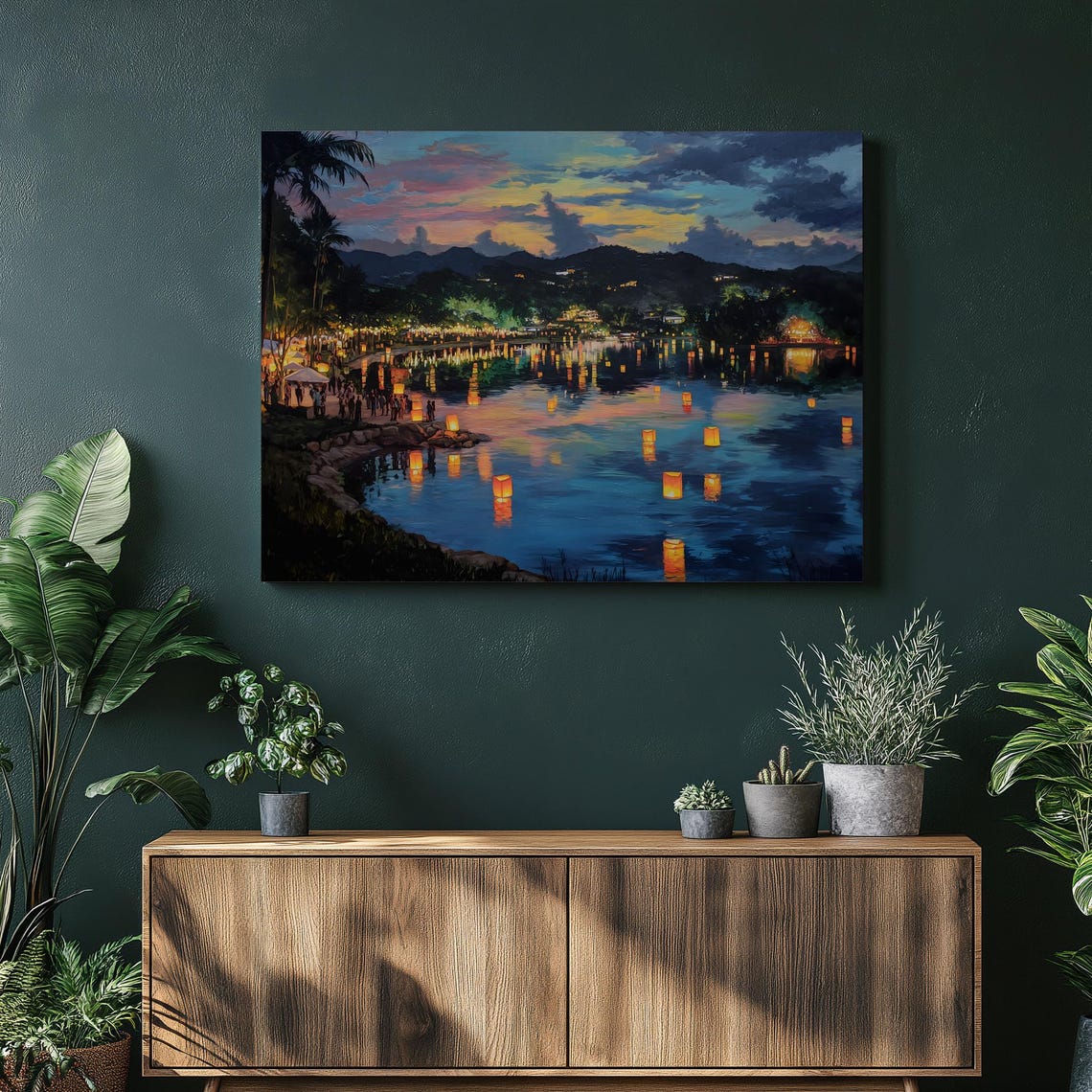Floating Lanterns on a Tropical Lake at Sunset Canvas Wall Art