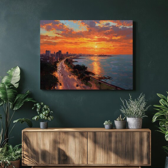 Sunset Coastal Skyline Canvas Wall Art Vibrant Cityscape Over Ocean Road Oil Painting Print Seaside Decor Gift