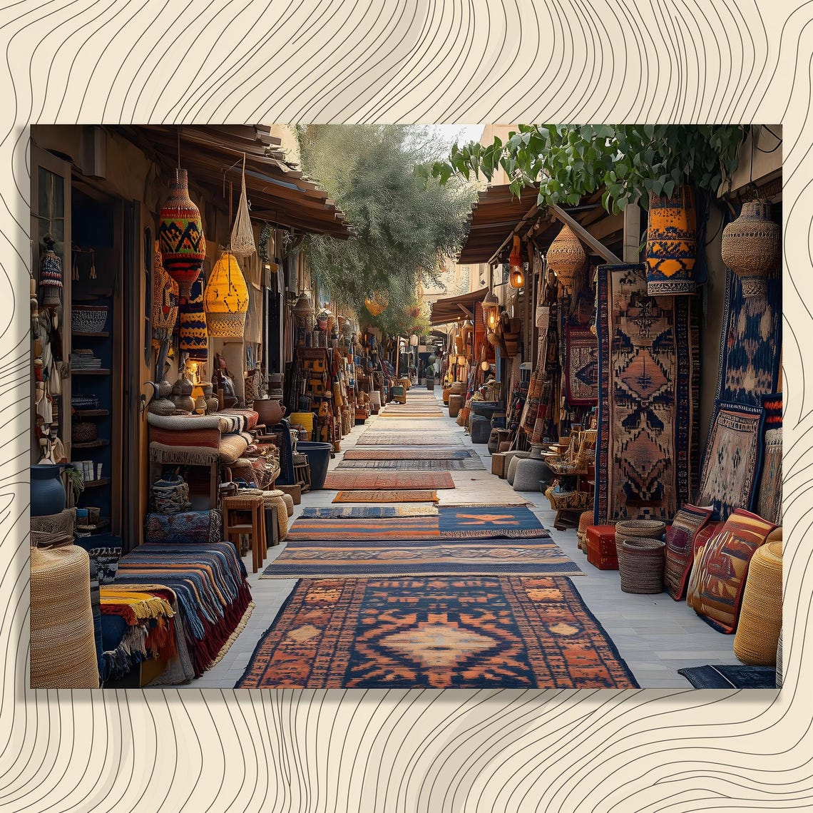 Vibrant Bazaar Market Alley Colorful Rugs And Lanterns Poster