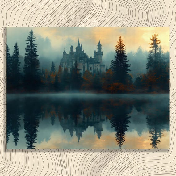 Mystical Castle Canvas Wall Art Vintage Print Gothic Forest Reflection With Misty Lake Scene Autumn Nature Painting