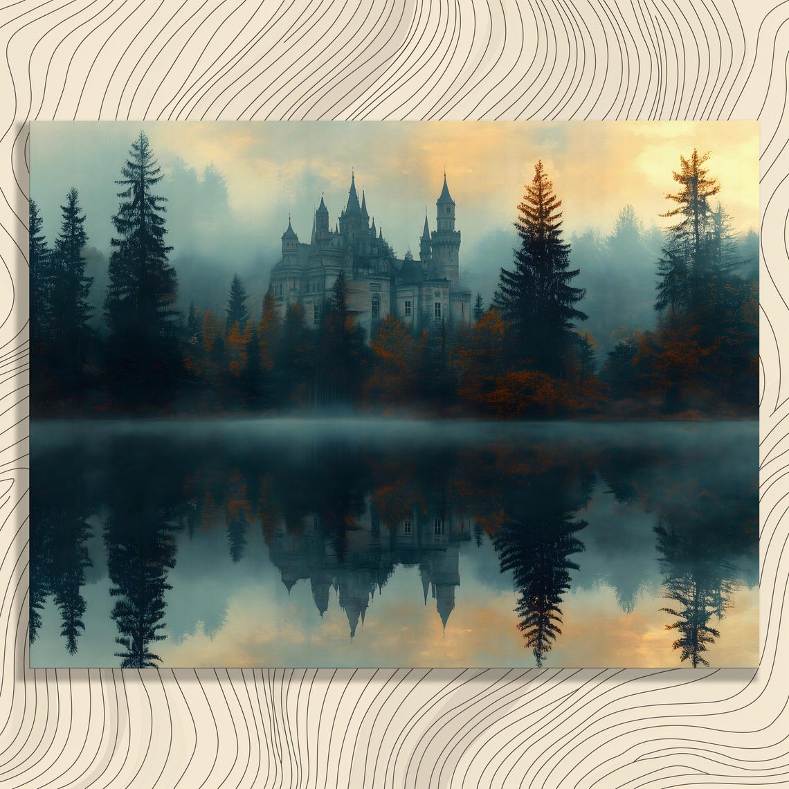 Mystical Enchanted Gothic Castle Misty Forest Lake Reflection Poster
