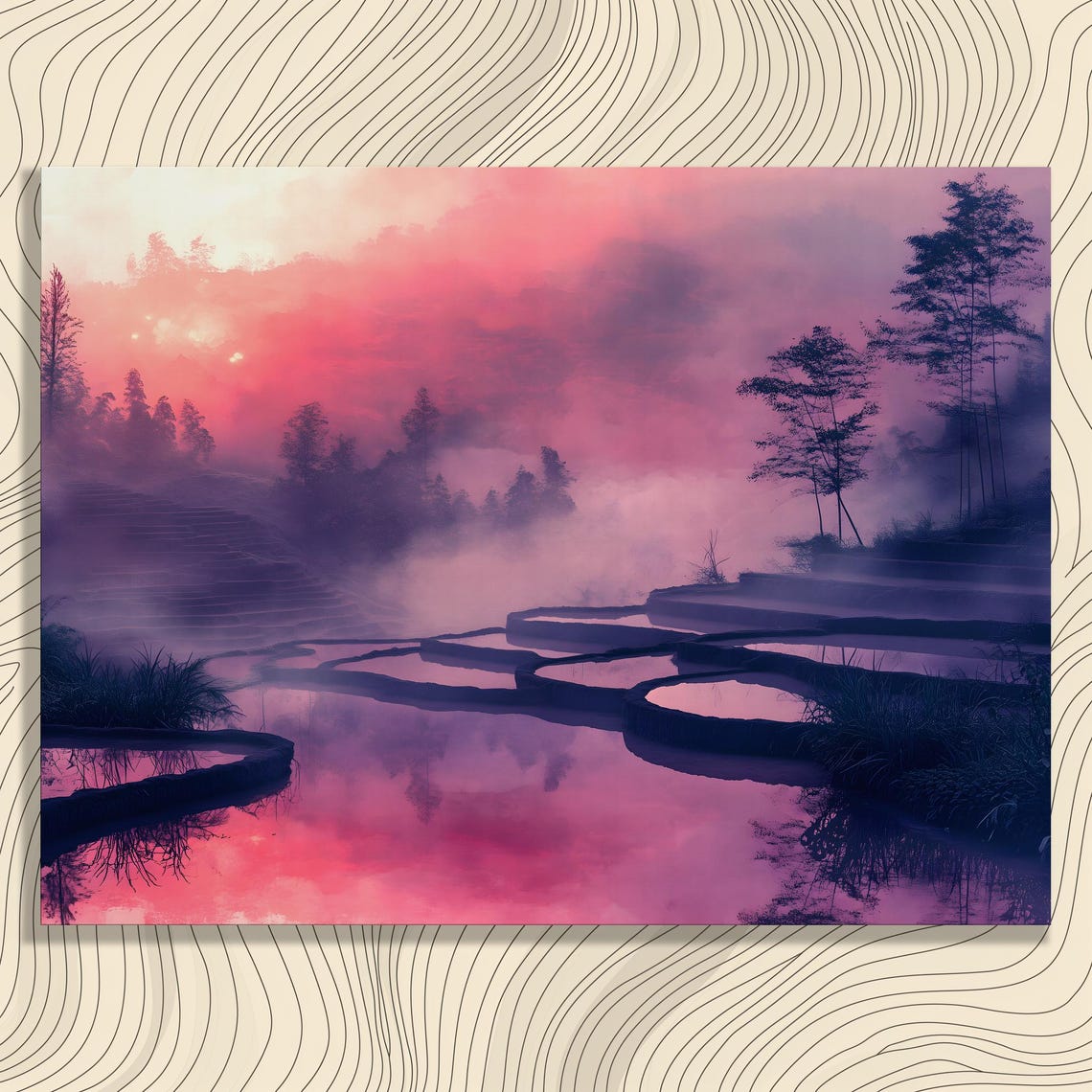 Misty Pink Sunrise Terraced Rice Fields Dreamy Landscape Poster