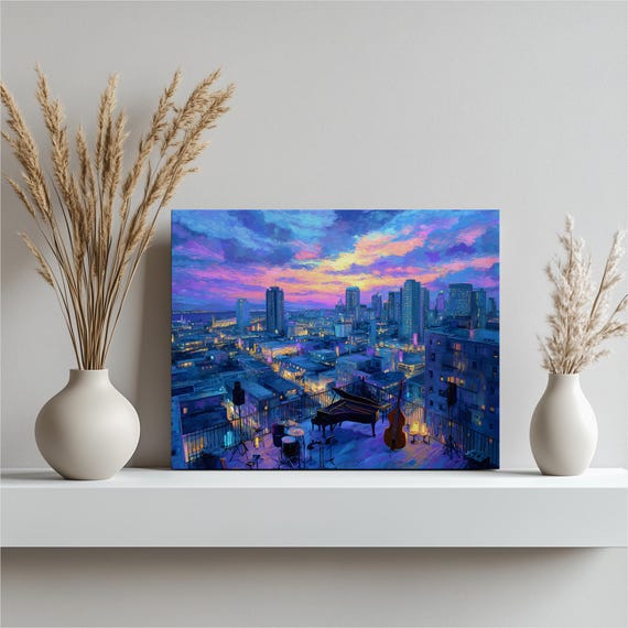 Urban Jazz Skyline Canvas Wall Art Sunset City Lights Piano Drums Rooftop Cityscape Print Modern Music Decor Colorful Painting Gift