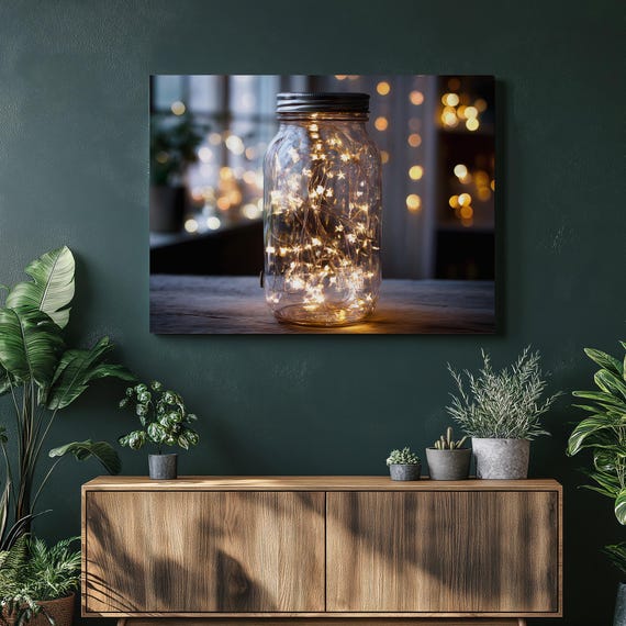 Fairy Lights Canvas Wall Art Glowing Mason Jar Lantern Print Rustic Farmhouse Boho Cozy Glow Bokeh Photography Ambient Lighting