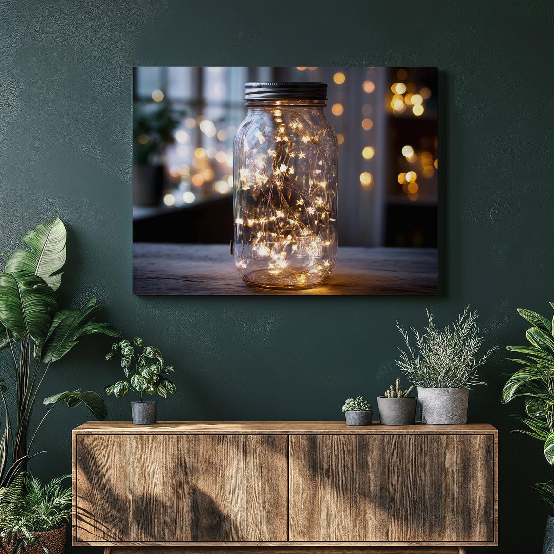 Fairy Lights Canvas Wall Art Glowing Mason Jar Lantern Print Rustic Farmhouse Boho Cozy Glow Bokeh Photography Ambient Lighting