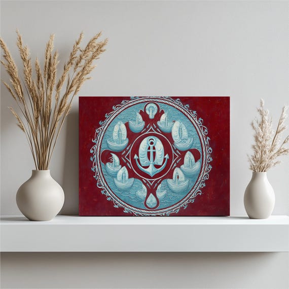 Nautical Anchor Canvas Wall Art Vintage Boat Fleet Ocean Decor Print Sea Coastal Maritime Gift For Lovers Ship Illustration