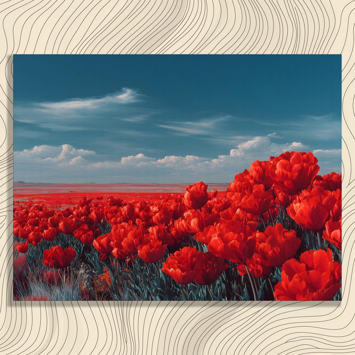 Red Tulip Field Under Bright Blue Sky Floral Landscape Print