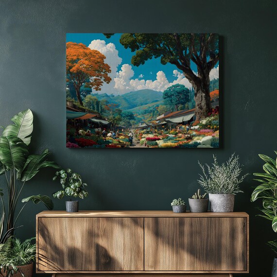 Colorful Flower Market Mountain Village Sunny Day Art Poster
