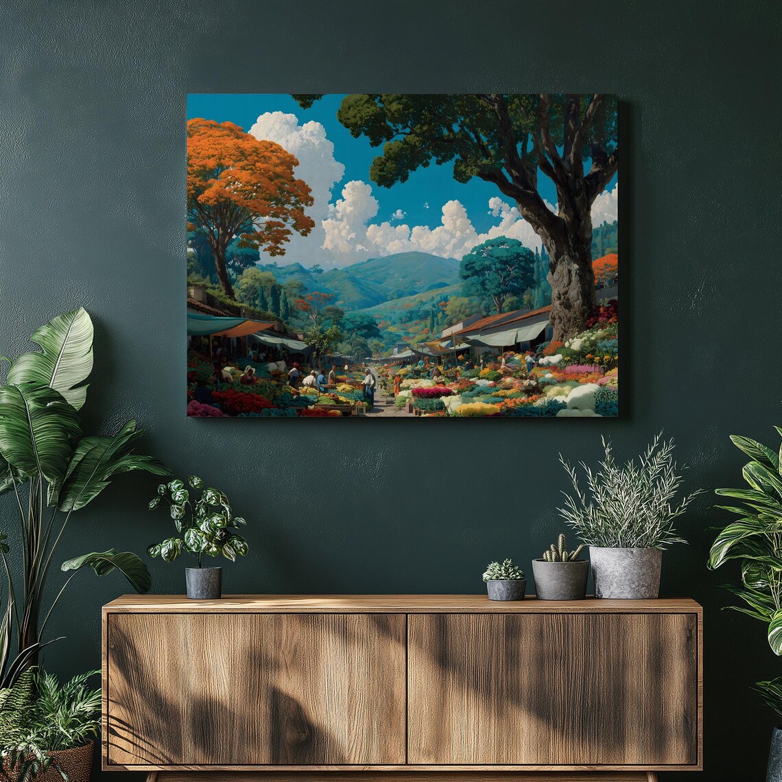 Colorful Flower Market Mountain Village Sunny Day Art Poster