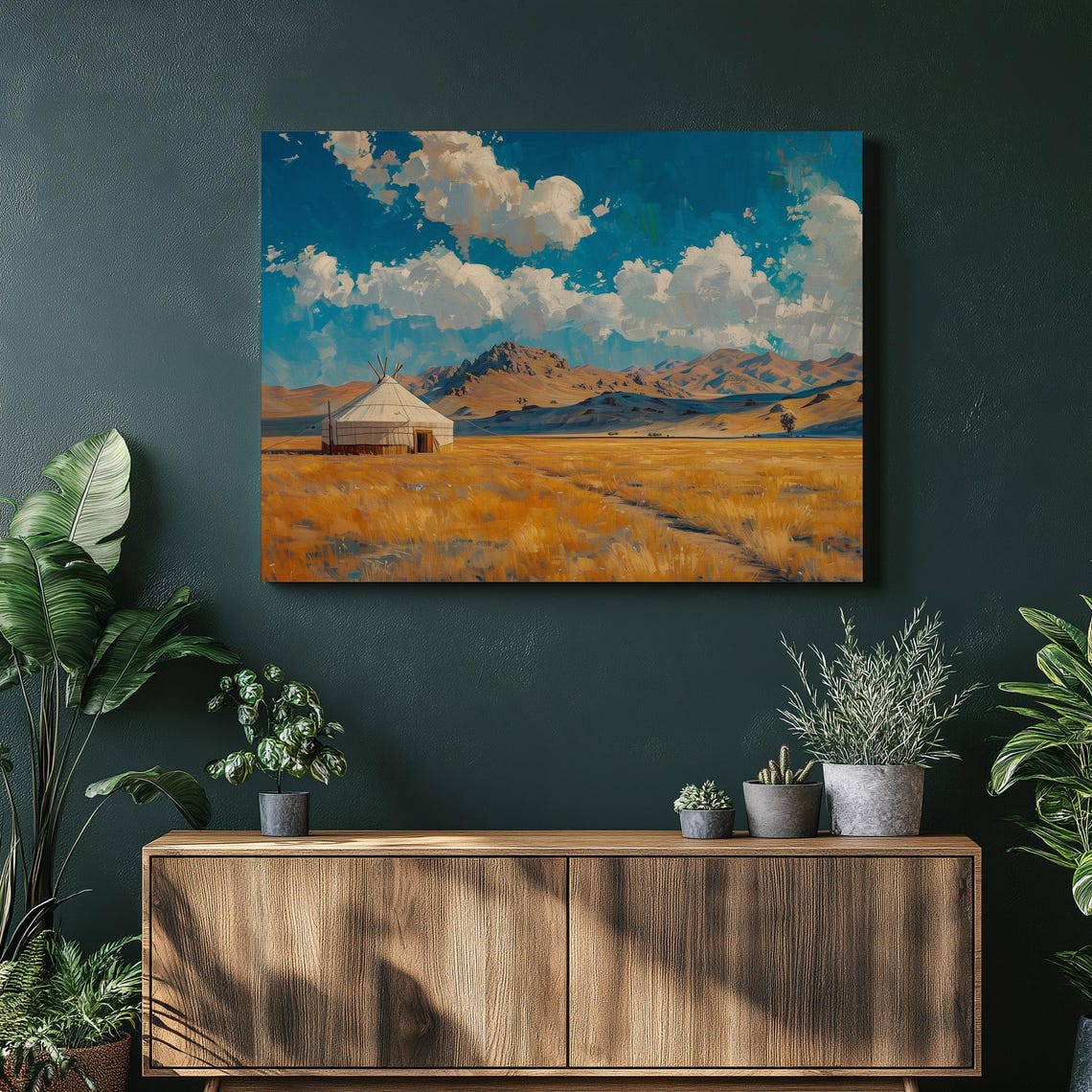White Yurt on Golden Mongolian Steppe Big Sky Prairie Landscape Poster