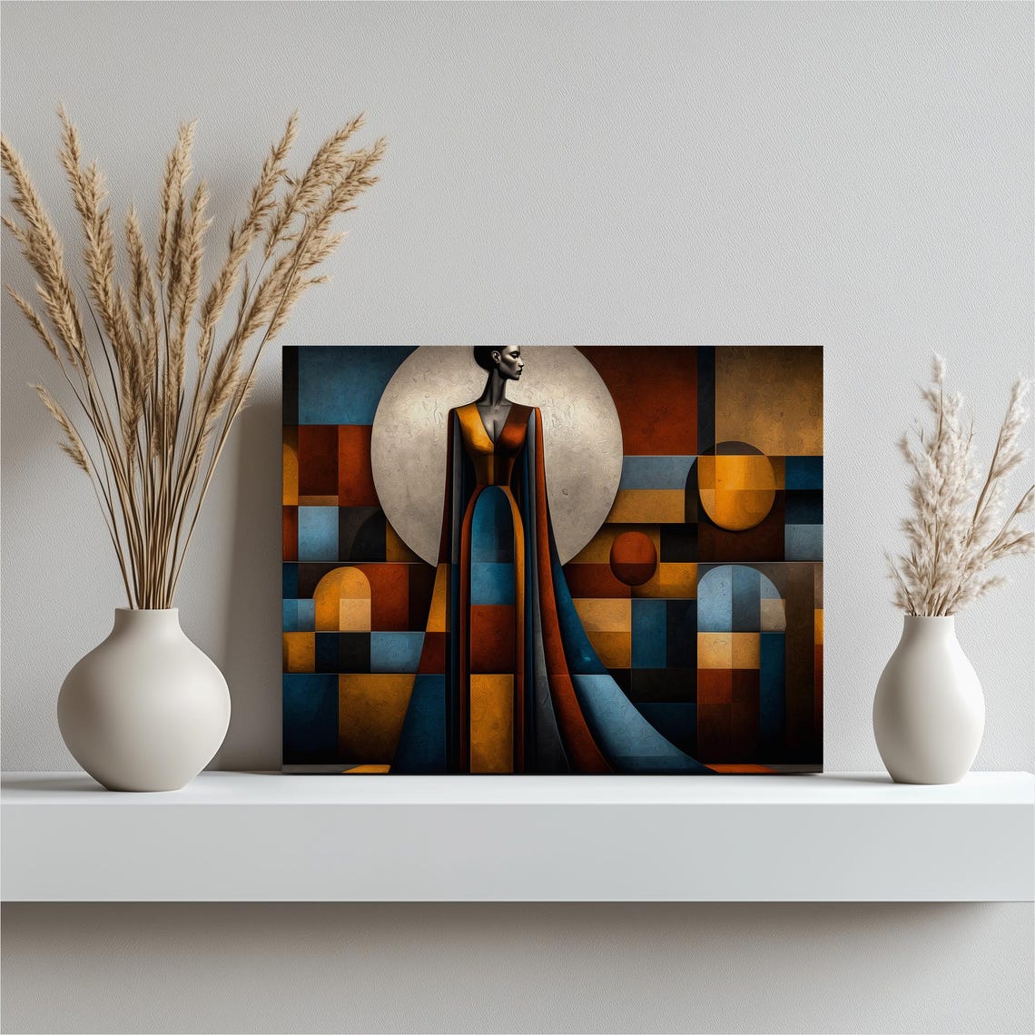 Geometric Abstract Woman Silhouette Canvas Wall Art Blue Orange Modern