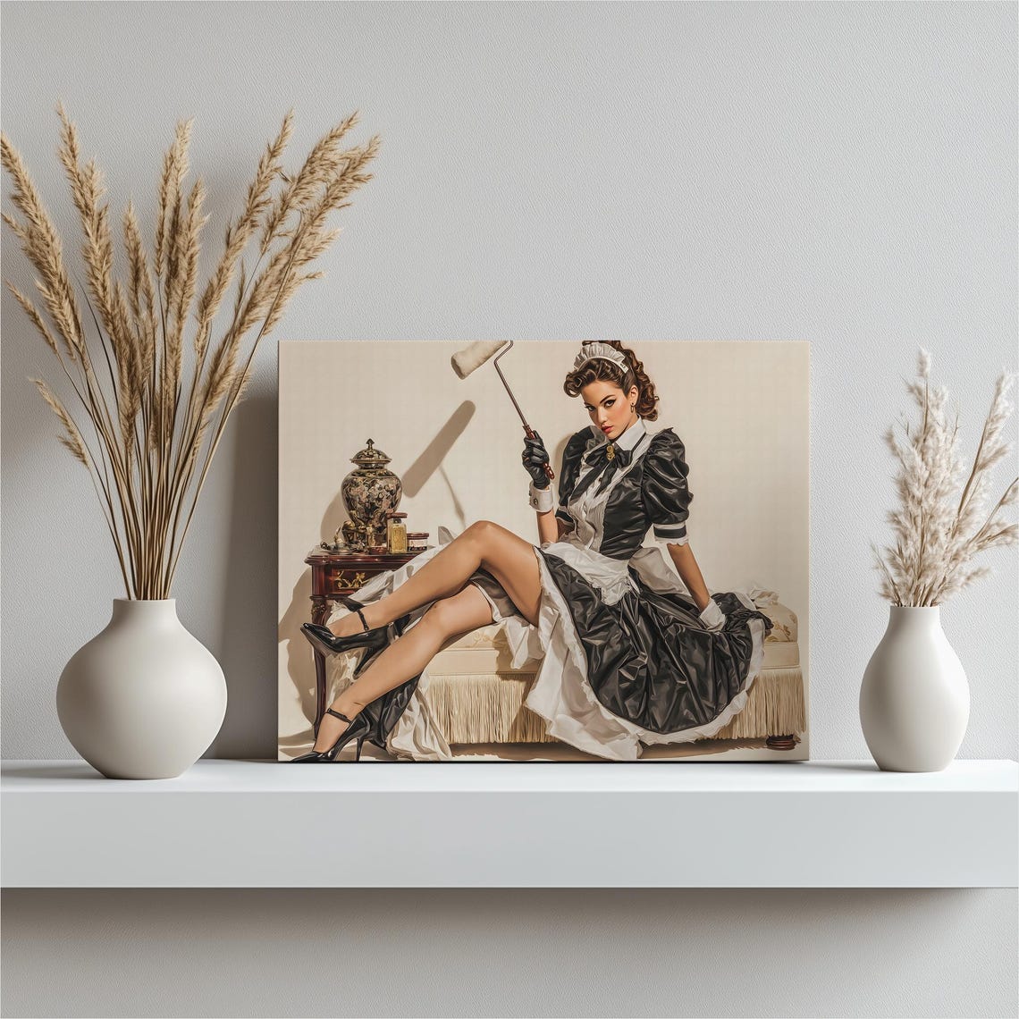 Retro Pin-Up French Maid Dusting Vintage Illustration Poster