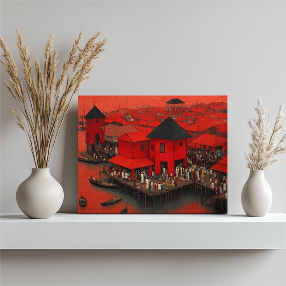 Tropical Waterfront Market Vibrant Red Buildings Boats Colorful Print