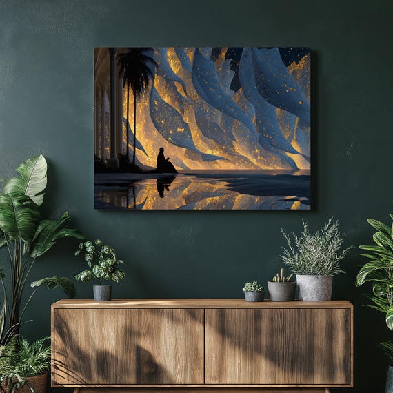 Reader Under Palms Canvas Wall Art Surreal Celestial Night Scene With Starry Waves Golden Glow Reflection By Columns Fantasy Home Decor