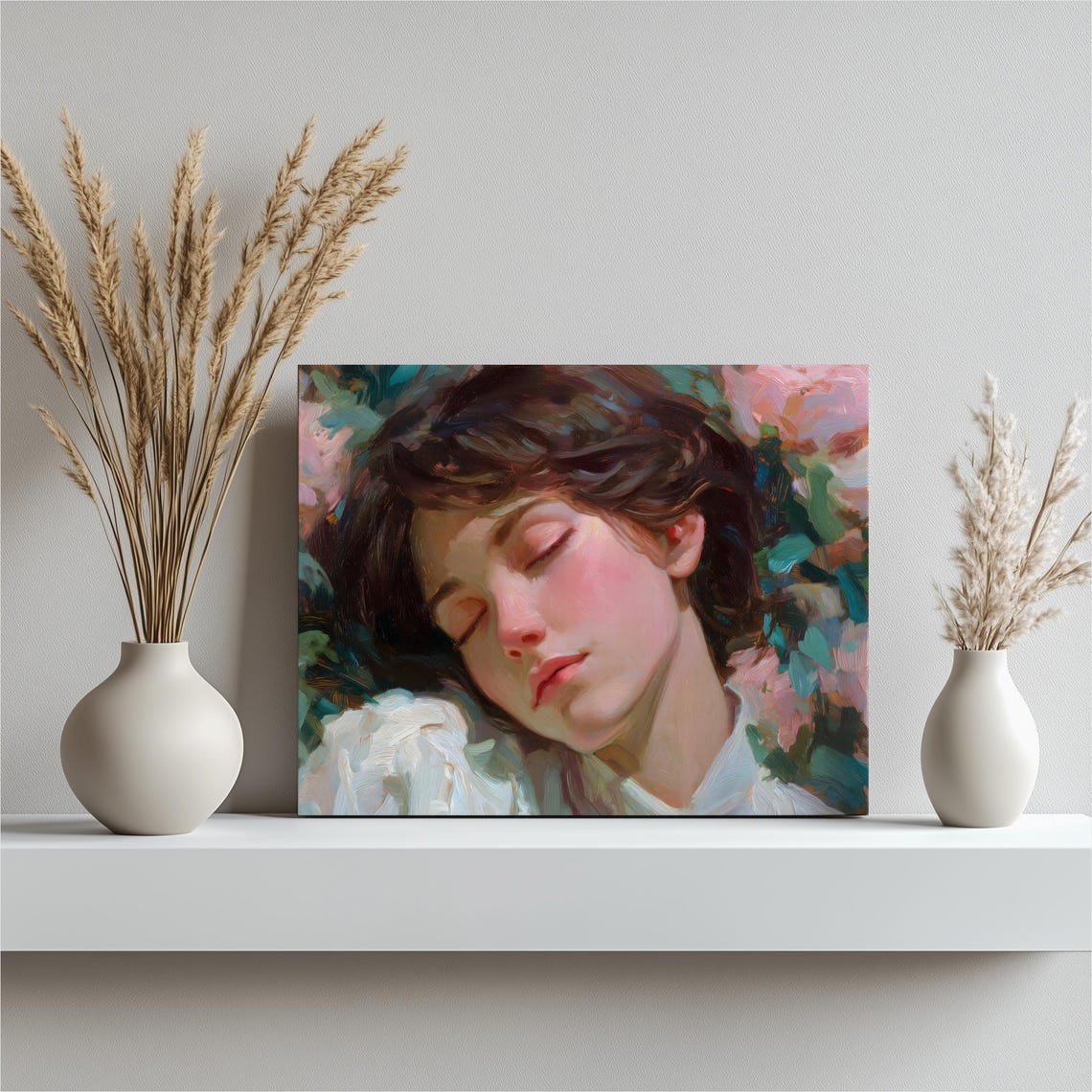 Sleeping Girl Among Pink Roses Impressionist Floral Portrait Poster