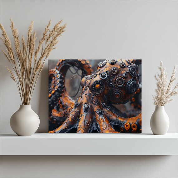 Steampunk Mechanical Octopus Brass Gears Industrial Fantasy Poster