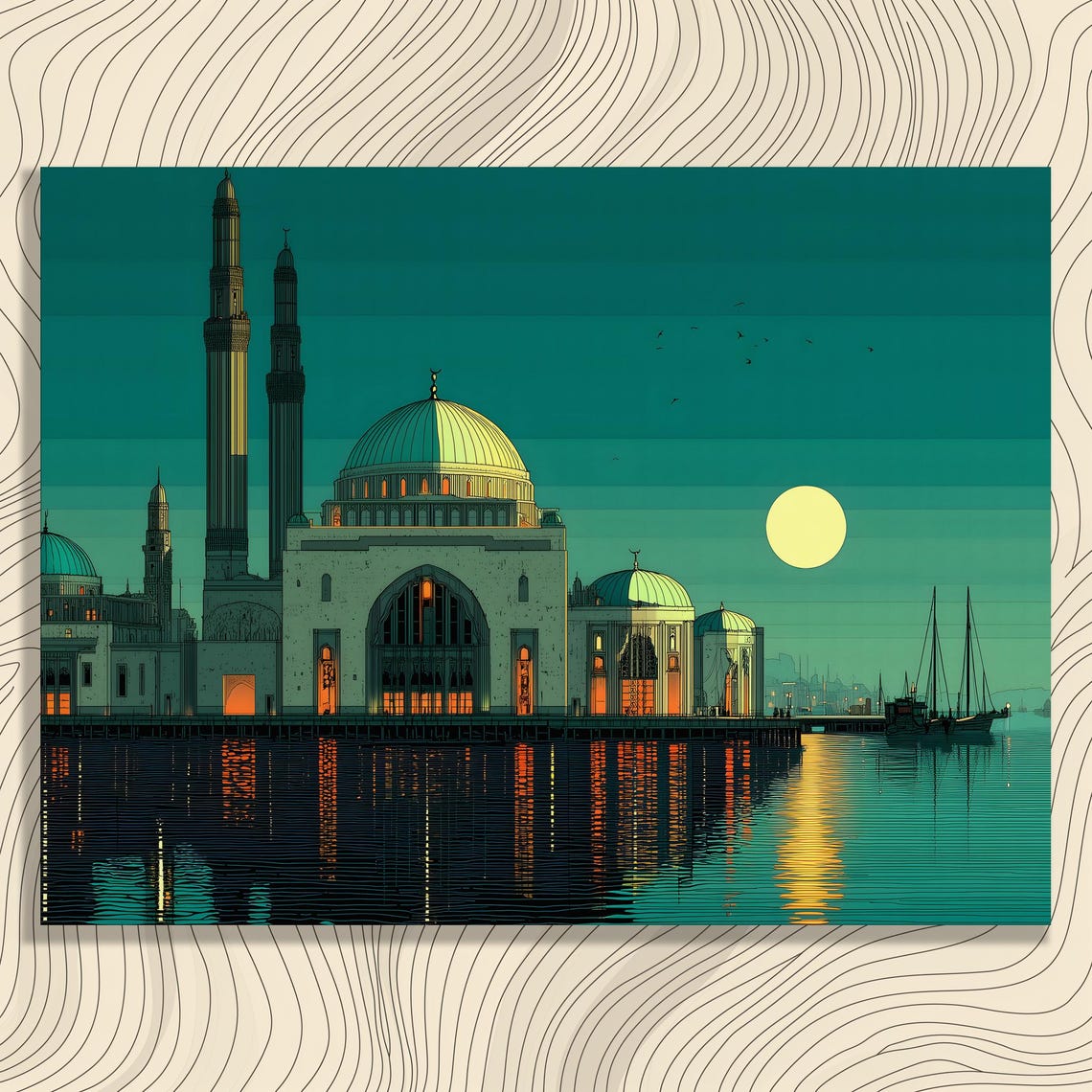 Serene Mosque Canvas Wall Art Full Moon Reflection Night Scene Waterfront Modern Architecture Minarets Domes Print Boats Painting