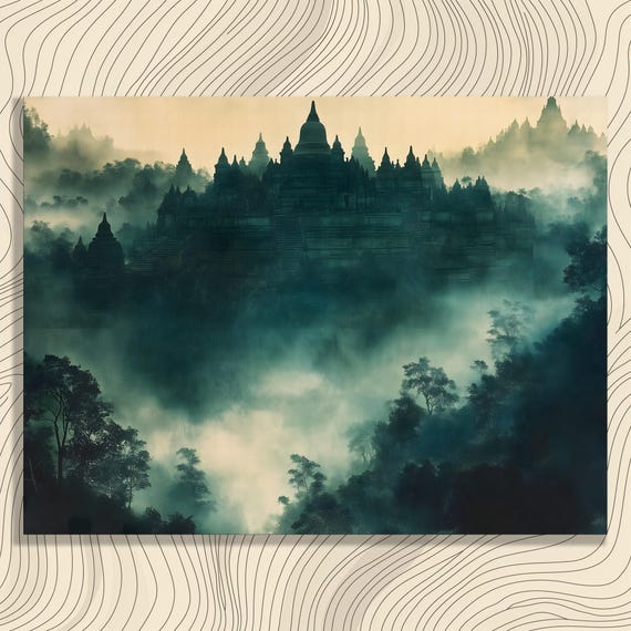 Misty Jungle Temple Canvas Wall Art Ethereal Ancient Monument In Fog Serene Rainforest Landscape Print Mystical Travel Decor Artwork