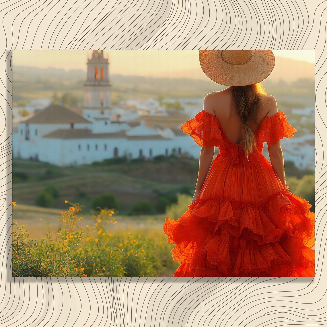 Mediterranean Woman Red Dress Sunset Village View Canvas Wall Art