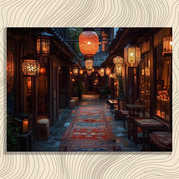 Japanese Lantern Alleyway Glowing Night Lights Wall Art Canvas