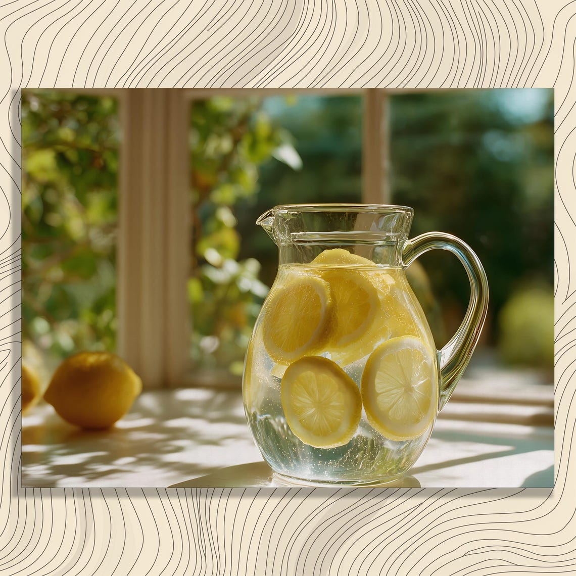 Sunlit Glass Pitcher Lemon Water Citrus Kitchen Still Life Poster