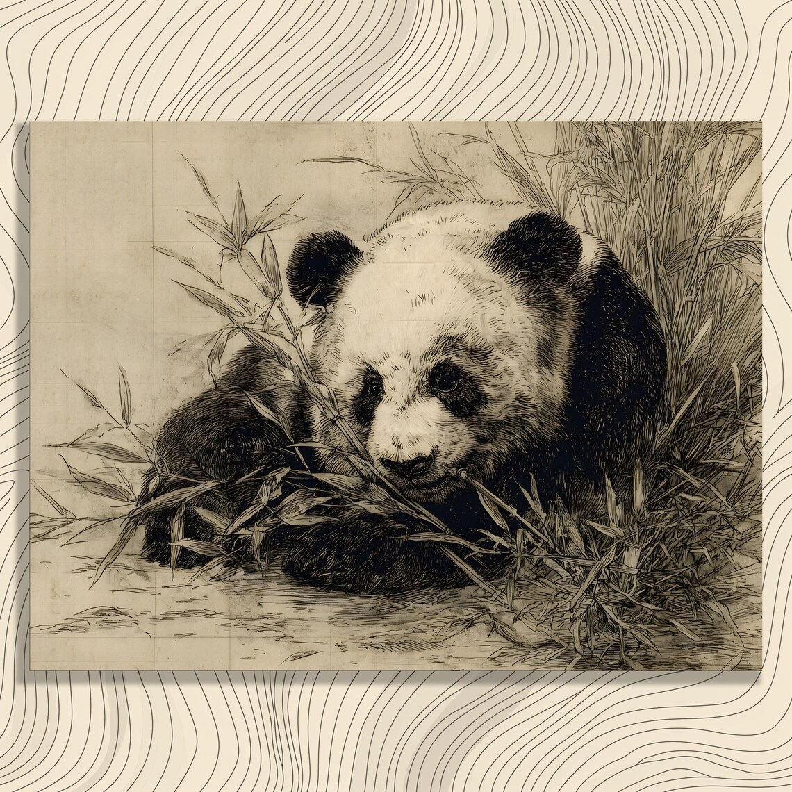 Giant Panda Bamboo Vintage Pen Ink Drawing Sepia Wildlife Poster