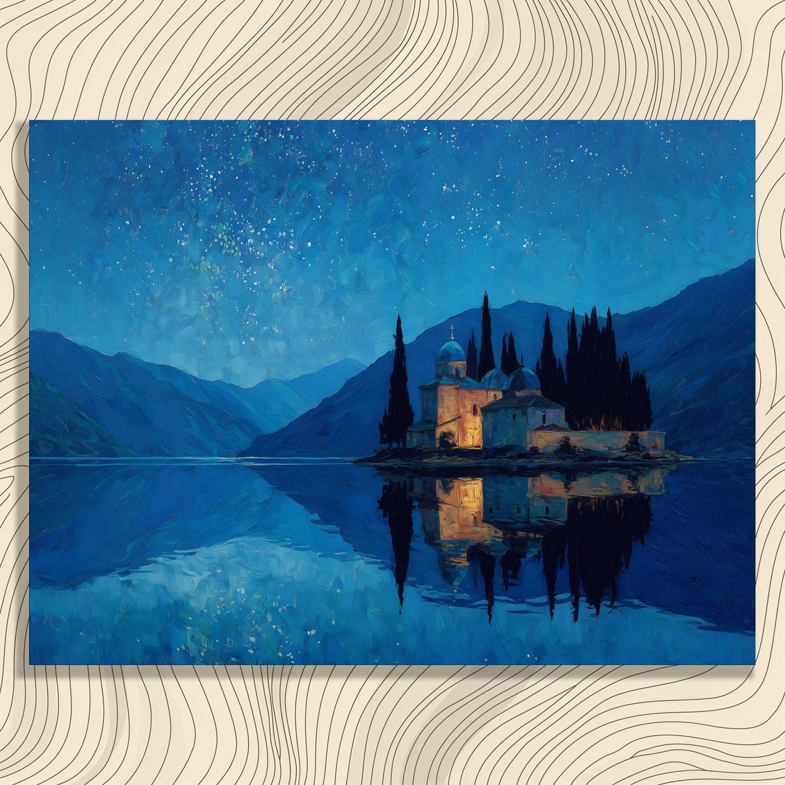 Starry Night Lake Island Monastery Moonlit Reflection Landscape Poster