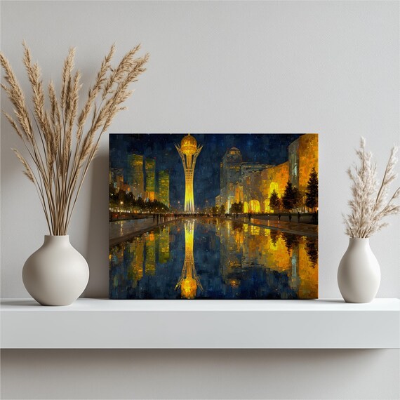 Urban City Skyline Canvas Wall Art Golden Tower Night Reflection Print Modern Architecture Painting Blue Gold Decor Gift