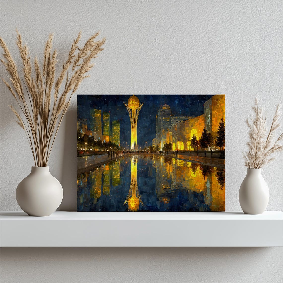 Bayterek Tower Golden Night Cityscape With Water Reflection Poster