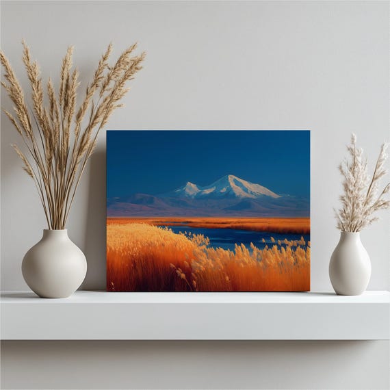 Mountain Marsh Landscape Canvas Wall Art Blue Sky Snowy Peak With Golden Pampas Grass Wetland Scenery Nature Print Modern Home Decor