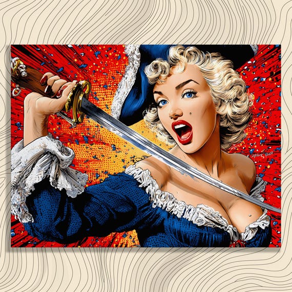 Pop Art Pirate Canvas Wall Vibrant Female Buccaneer Print Comic Book Style Colorful Decor Painting Tricorn Hat Cutlass Hero