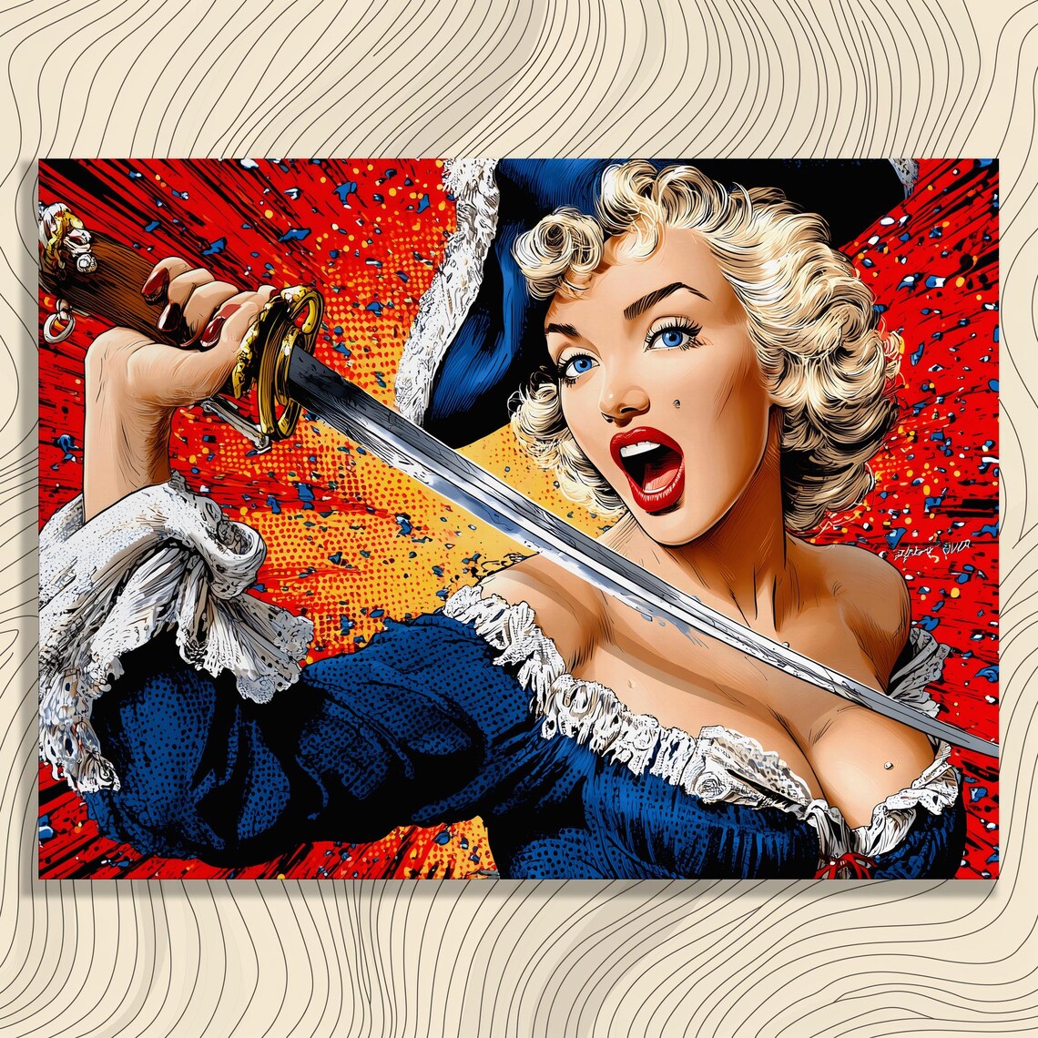 Pop Art Pirate Woman Poster Blonde Buccaneer Sword Retro Comic Style Art